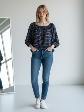 Navy Peasant Blouse with Micro Print